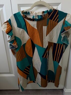 Geometric Print Ruffle Sleeve Blouse - Teal, Brown, Cream